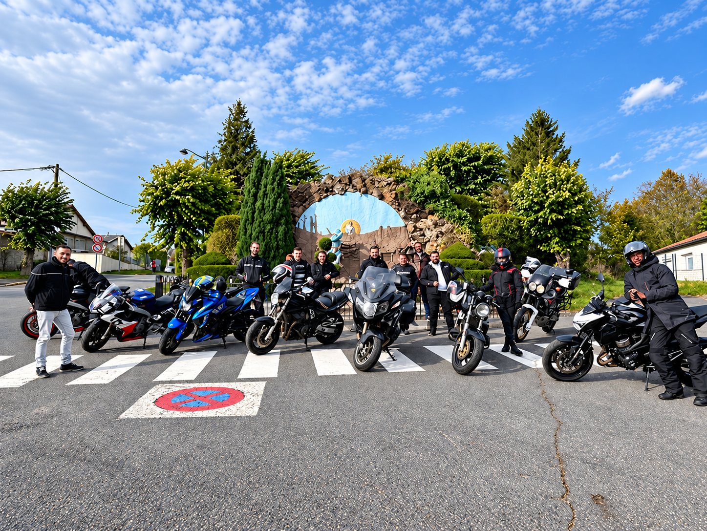 Groupe de motards et leurs motos devant une grotte de Lourdes